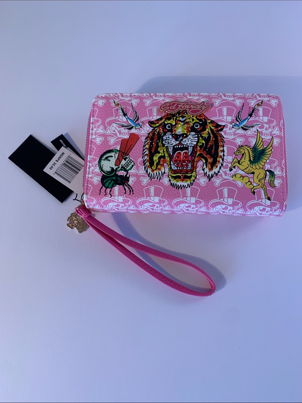 Ed Hardy Pink Tattoo Tiger Wristlet with Multicolor Prints